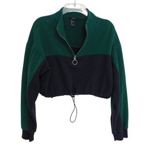 Green and Black Colorblock Cropped Half-Zip Sweatshirt